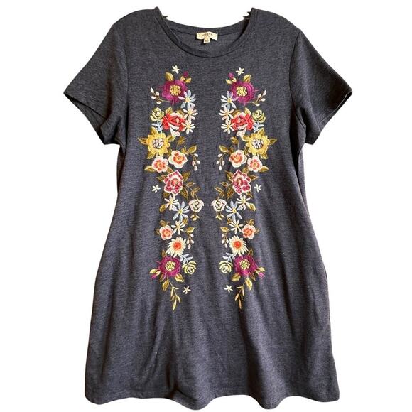 Umgee Embroidered T Shirt Dress Sz S Blue Floral Short Sleeve Shift Tunic Mini - Picture 2 of 15